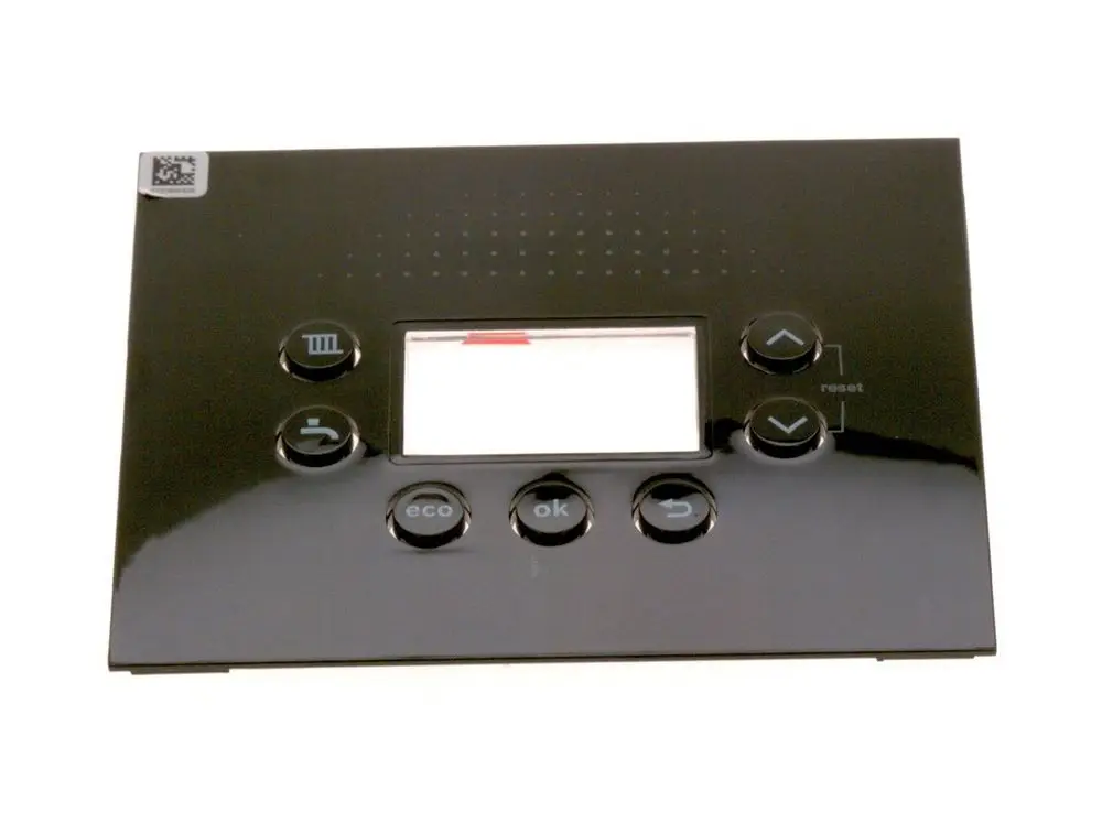 Schwarze Bedienblende mit Tasten für Funktionen wie eco, ok und reset, sowie einem Display in der Mitte. Gehört zu einem Bosch-Gerät.